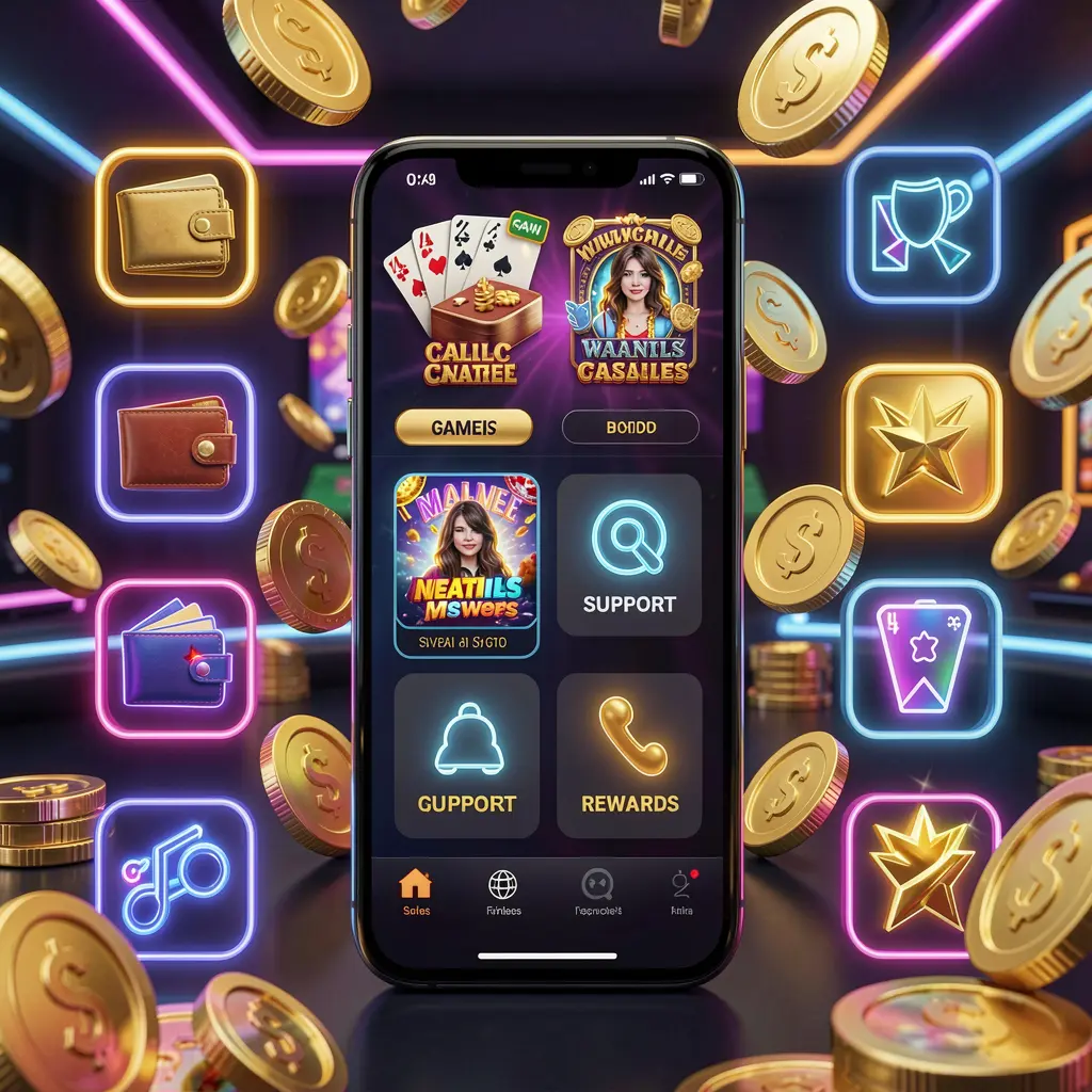 GL369 online casino app features on a smartphone surrounded by icons for wallet, games, support, and rewards with golden coins and neon lights in a luxury 3D render