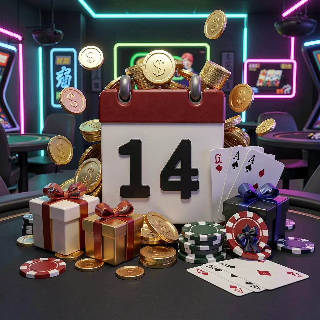 GL369 weekly online casino bonus concept featuring a calendar icon surrounded by golden coins, gift boxes, poker chips, and playing cards in a festive casino atmosphere with dark modern background and neon lights