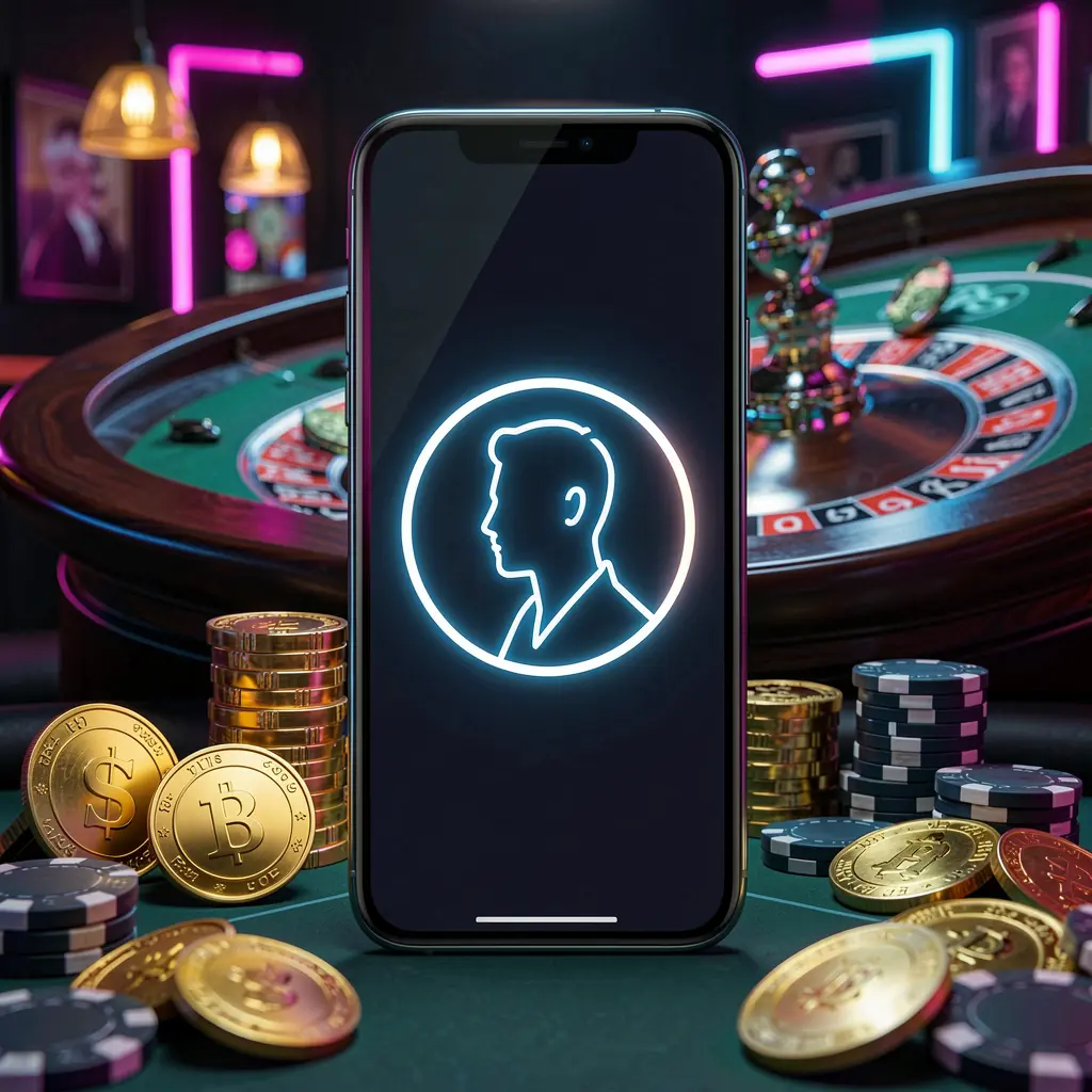 GL369 online casino login hero image featuring a modern phone with glowing profile icon, roulette lights in the background, golden coins and poker chips in a premium dark neon atmosphere
