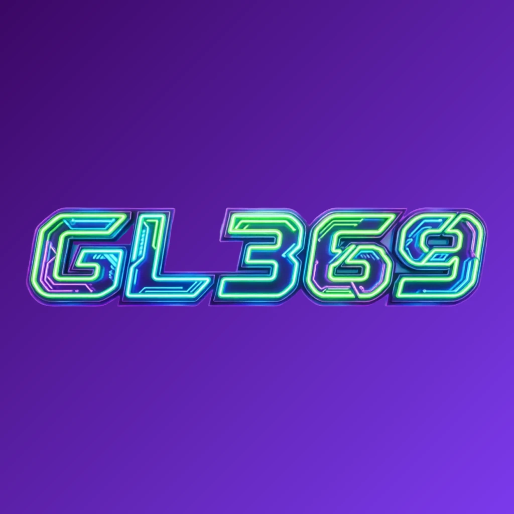 Futuristic neon GL369 logo with thick angular typography glowing in vivid green, blue, and purple, featuring sharp tech-inspired details on a transparent background, designed as a wide horizontal rectangular wordmark for website header