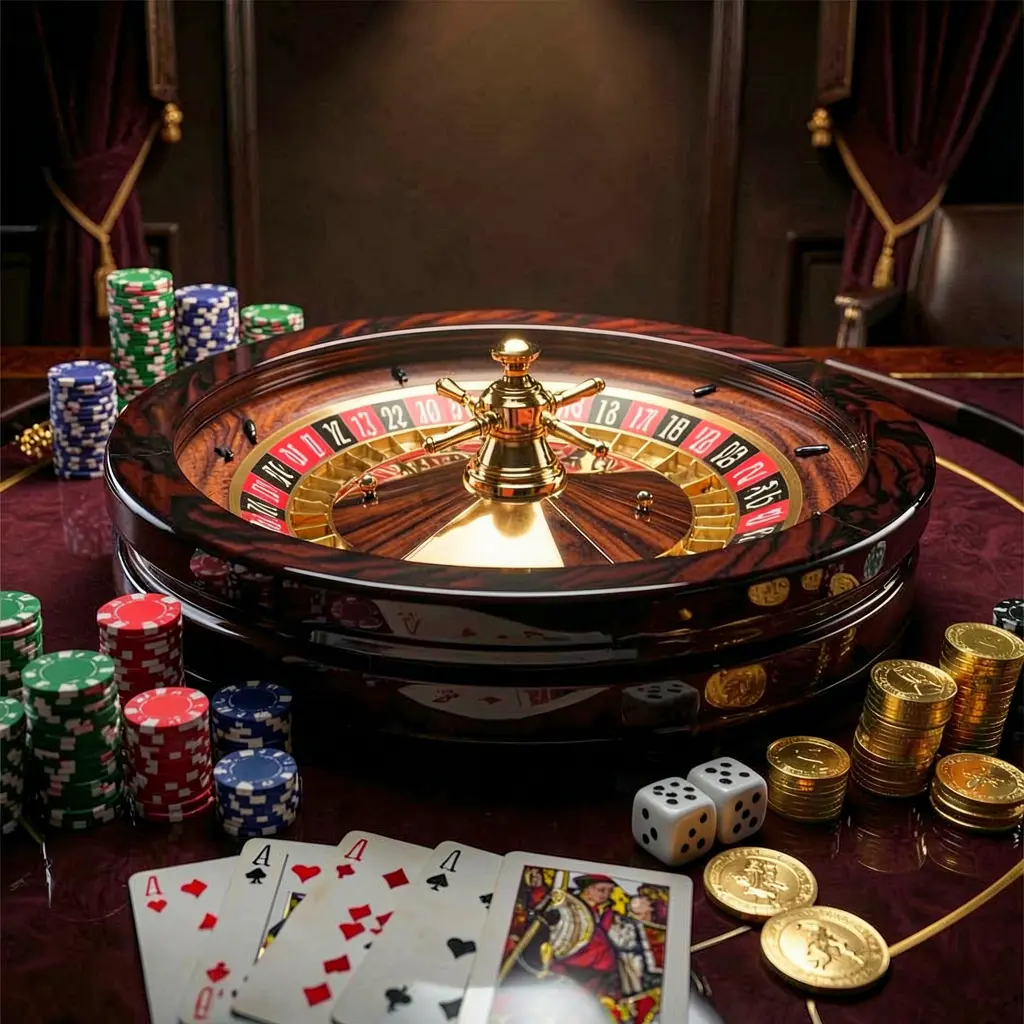 GL369 premium casino homepage scene featuring a roulette wheel spinning on a glossy table surrounded by poker chips, dice, cards, and golden coins against an elegant dark background with cinematic lighting